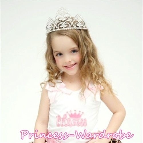 White Tank Top with Crown Princess Logo Print with Pink Ribbon and Ruffles TP103 